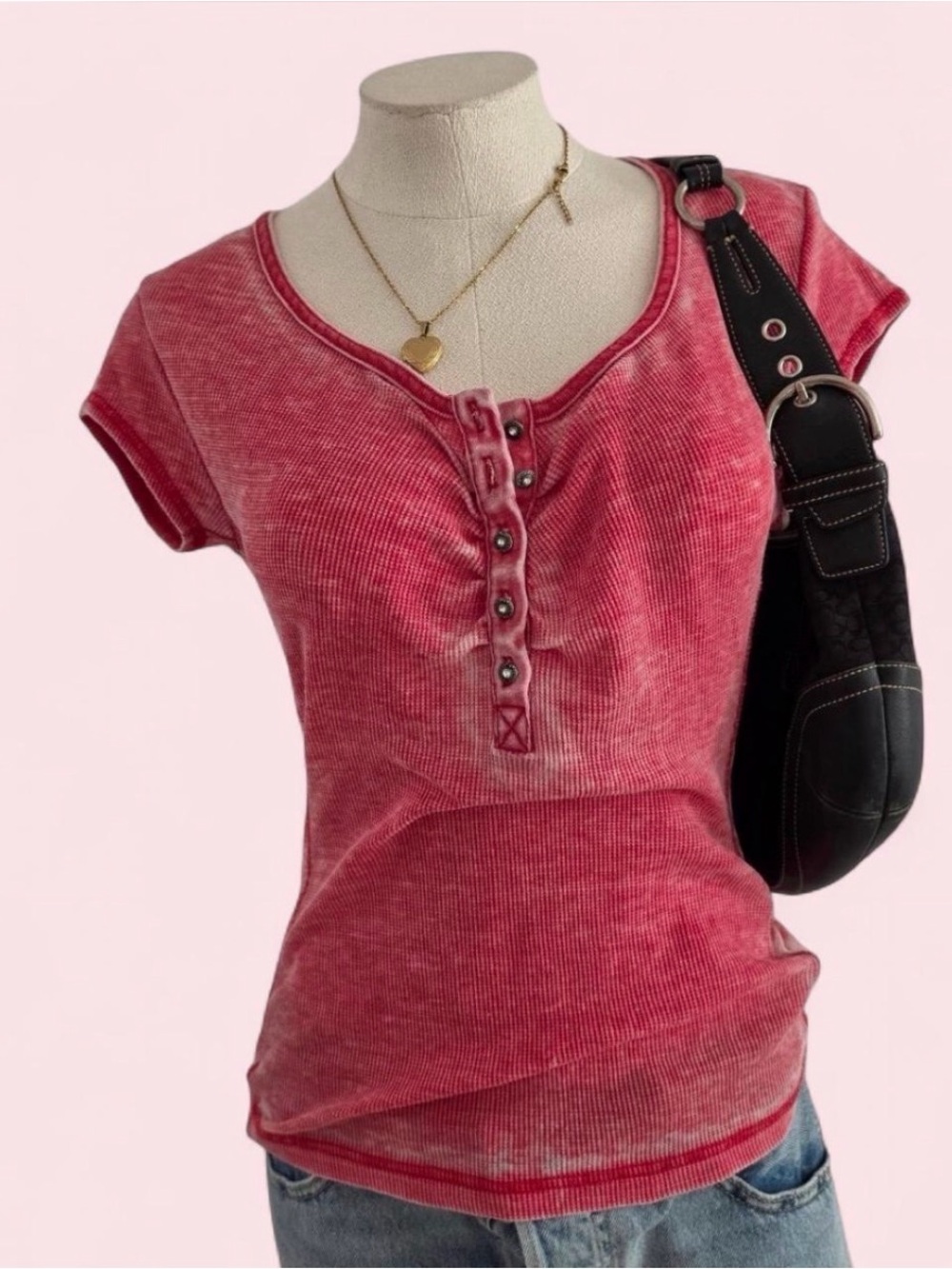 Vintage Y2K Guess Pink Acid Wash Thermal Henley Baby Tee Top Small McBling
